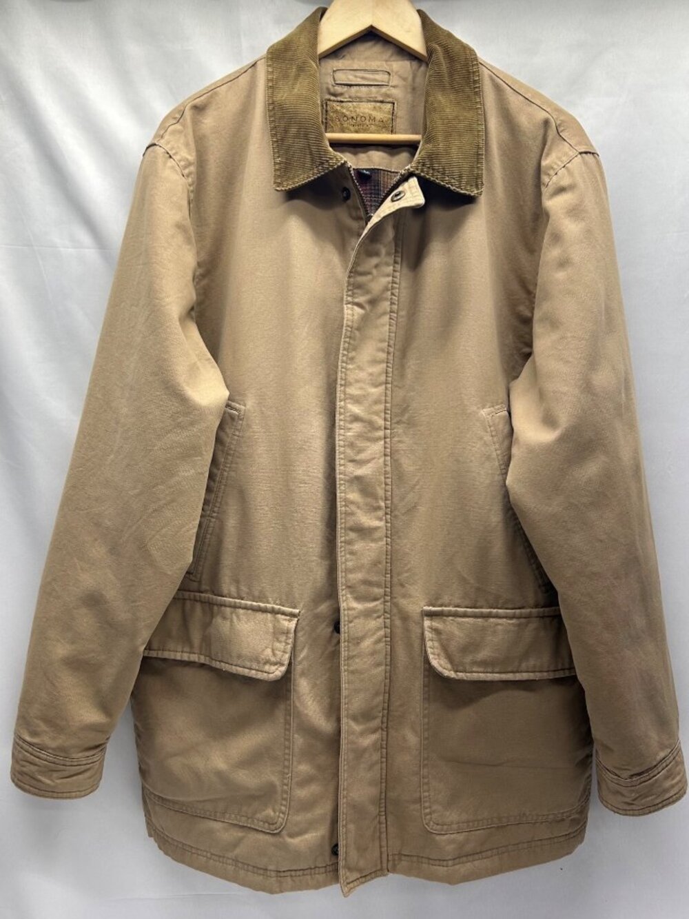 Sonoma Life + Style Men's Tan Barn Jacket With Corduroy Collar & Plaid Lining Si